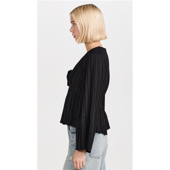 Sea Nomi Solid Rosette Top Black Satin Pleated Fray Peplum Uptown Dark Romantic - Picture 4 of 7